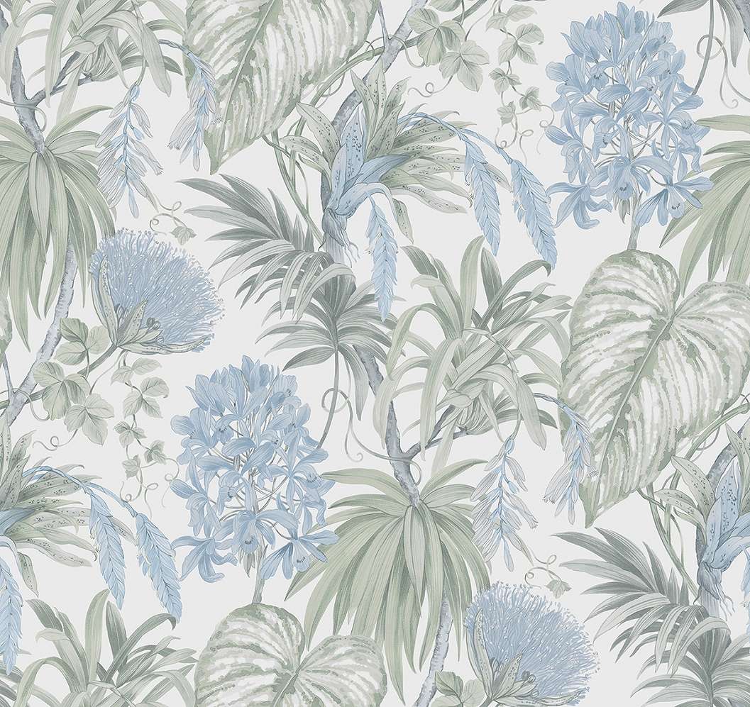 Dekor tapéta trópusi levél és virág mintával kék színben