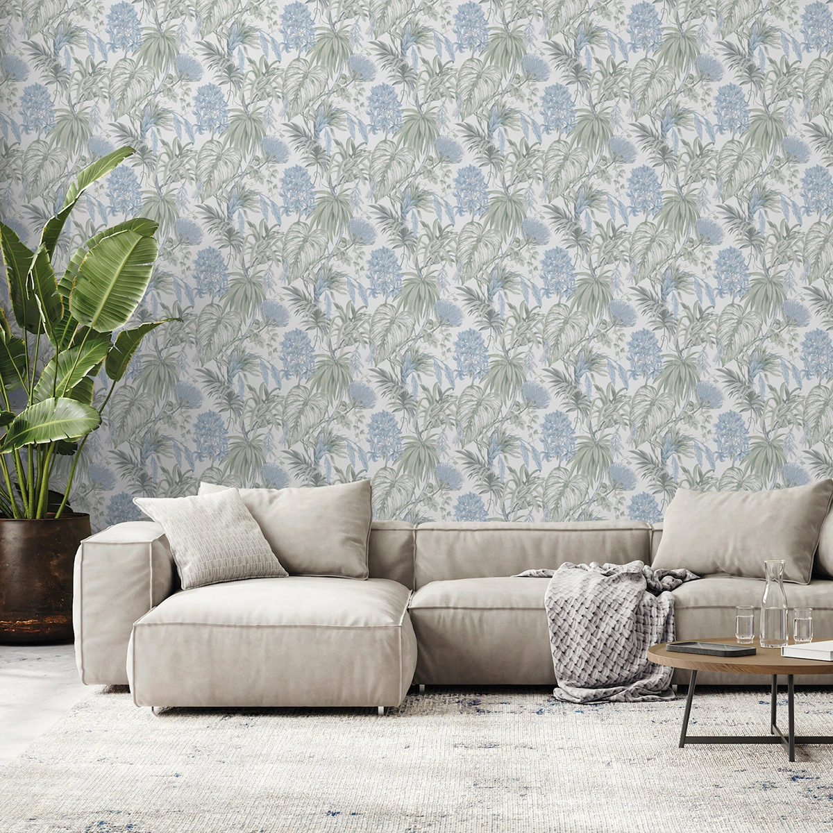 Dekor tapéta trópusi levél és virág mintával kék színben