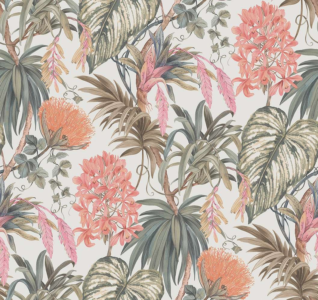 Dekor tapéta trópusi levél és virág mintával korall színben