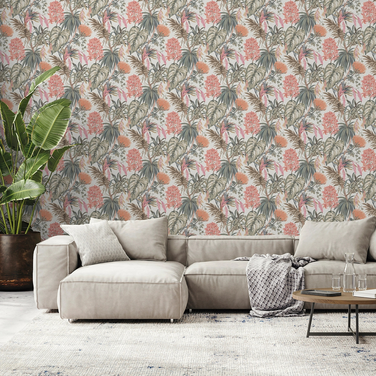 Dekor tapéta trópusi levél és virág mintával korall színben
