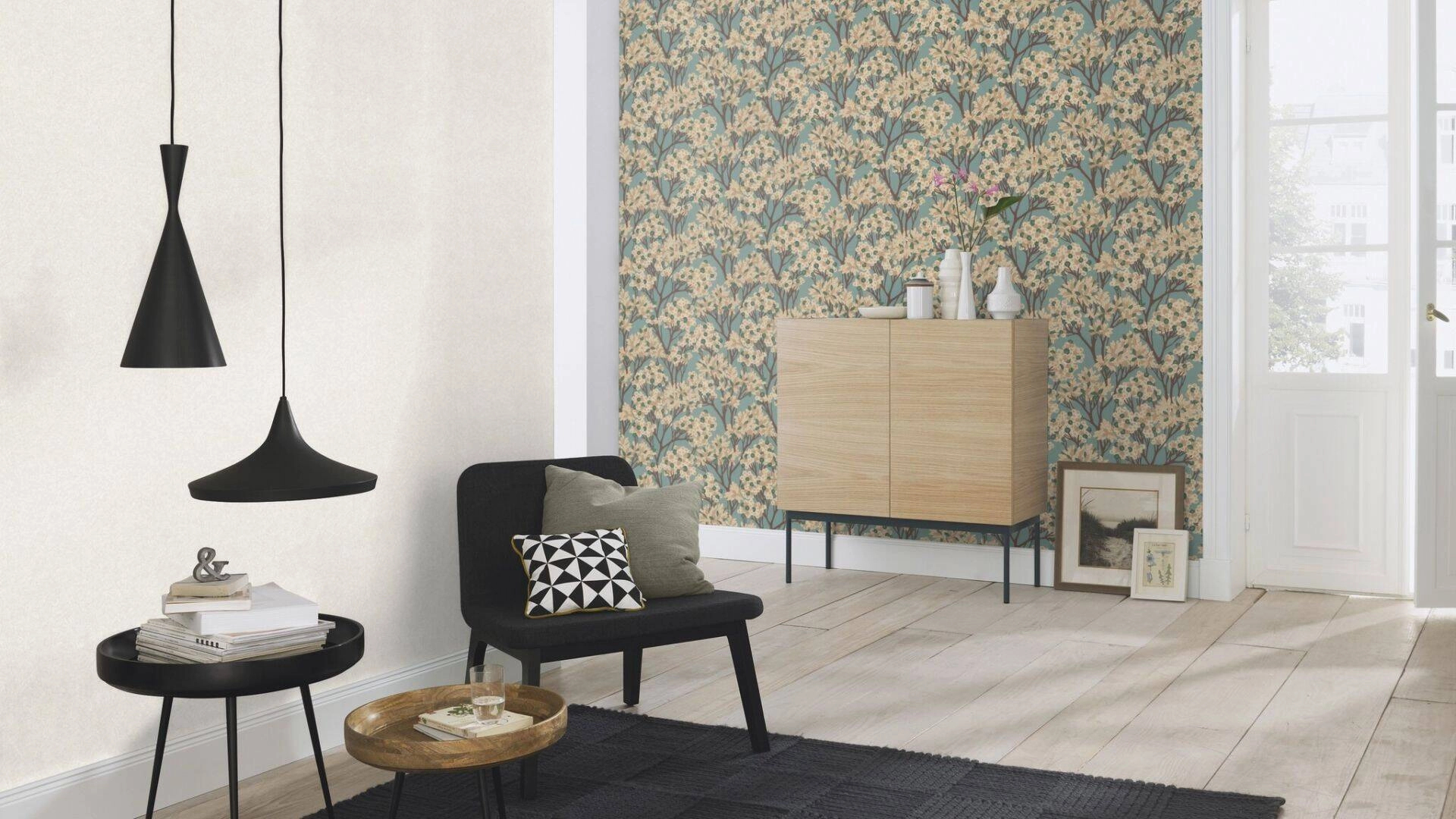 Dekor tapéta türkiz alapon keleties fa mintával