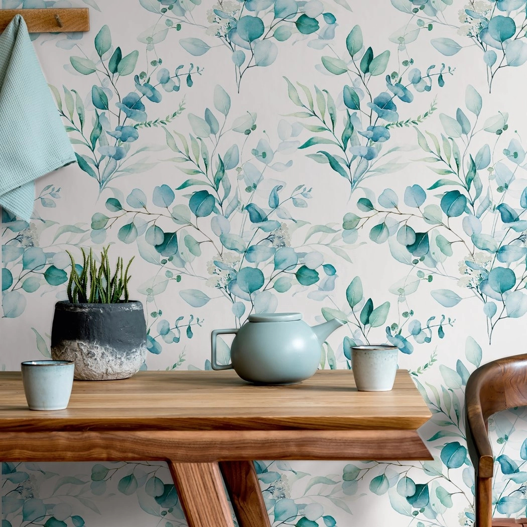 Dekor tapéta türkiz levél mintával mosható vinyl