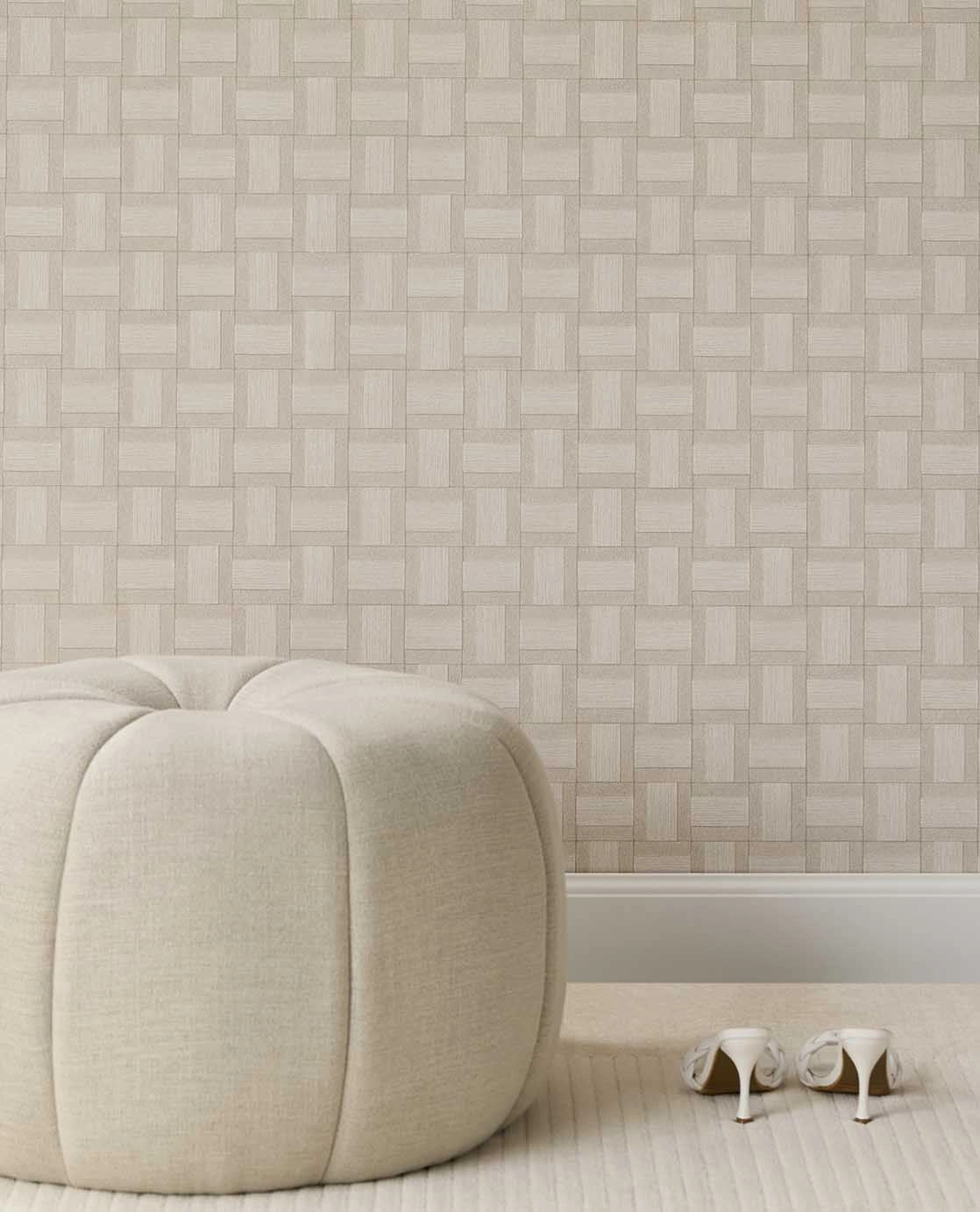 Dekor tapéta világos beige és világos homokbarna színű textil geometriai mintával