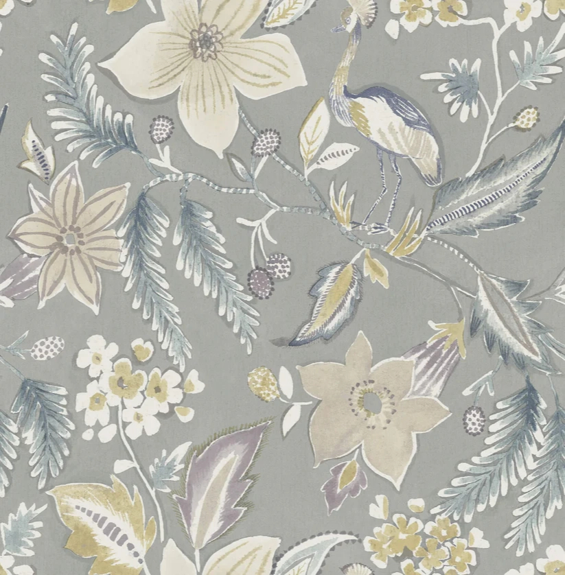 Dekor tapéta virág és daru madár mintával szürke színben