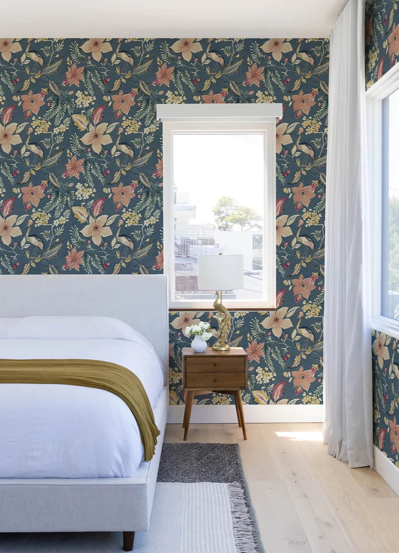 Dekor tapéta virág és daru madár mintával szürkéskék színben