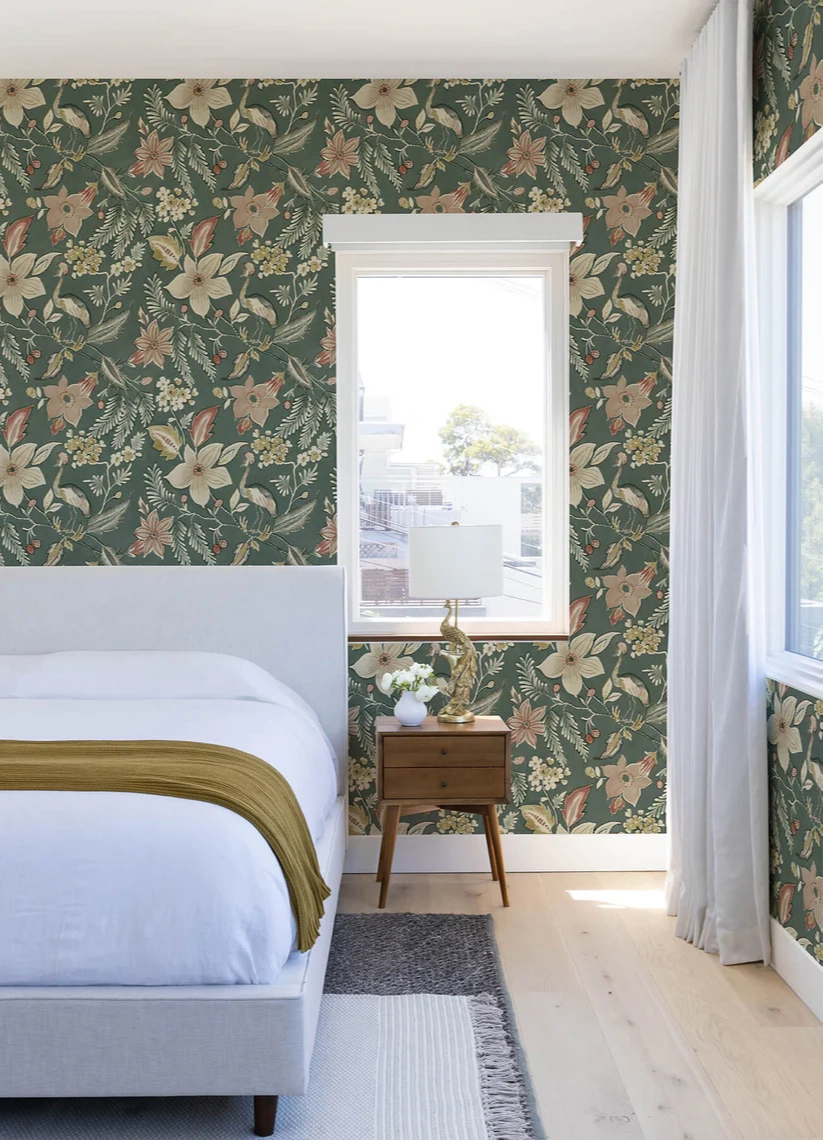 Dekor tapéta virág és daru madár mintával tengerzöld színben