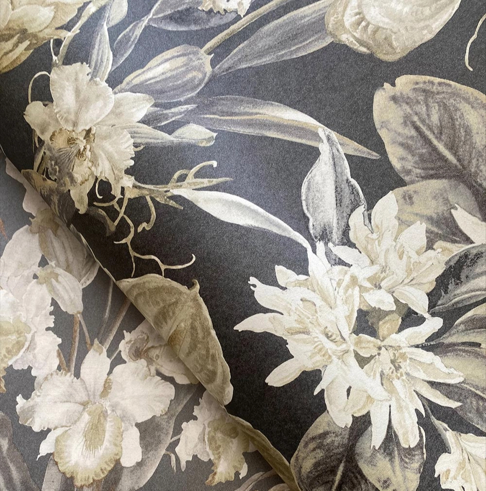 Dekor tapéta virág mintás tapéta sötétszürke és sárga színben