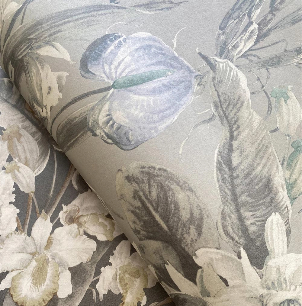 Dekor tapéta virág mintás tapéta világosszürke és kék színben