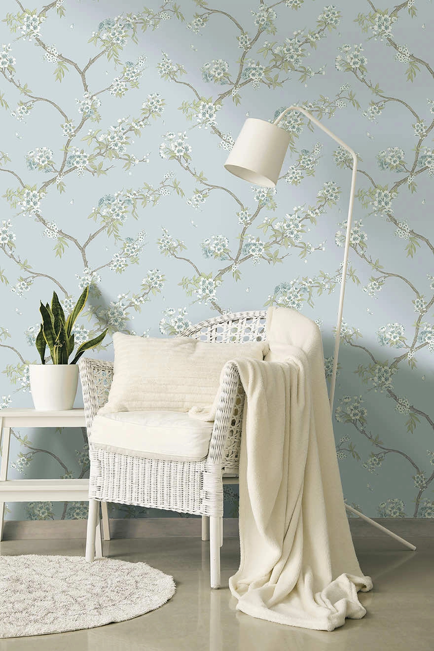 Dekor tapéta virágos faág mintás égkék színben