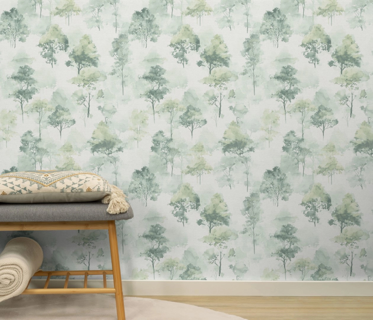 Dekor tapéta zöld akvarell fa mintával
