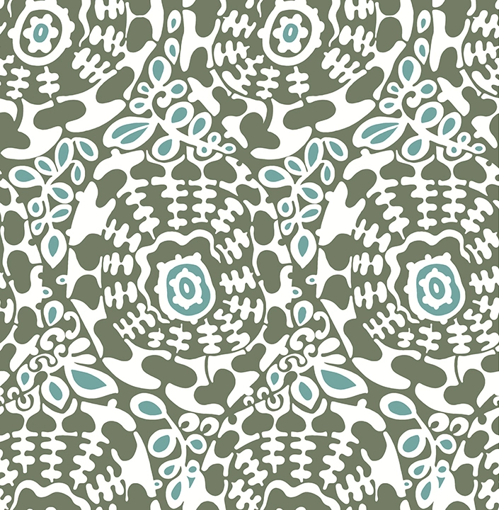 Dekor tapéta zöld és kék leveles absztrakt mintával