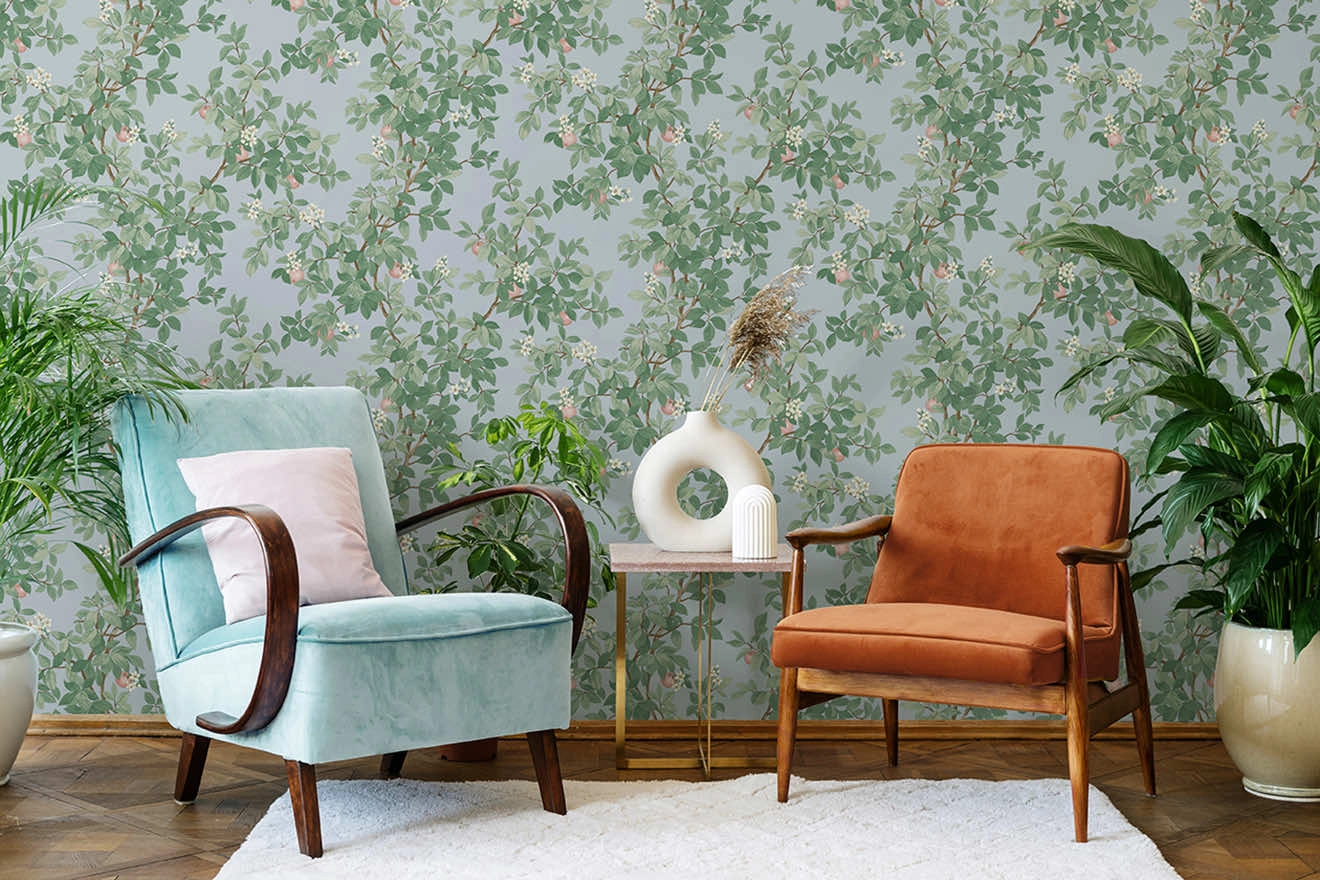 Dekor tapéta zöld narancsfa mintás kék színben