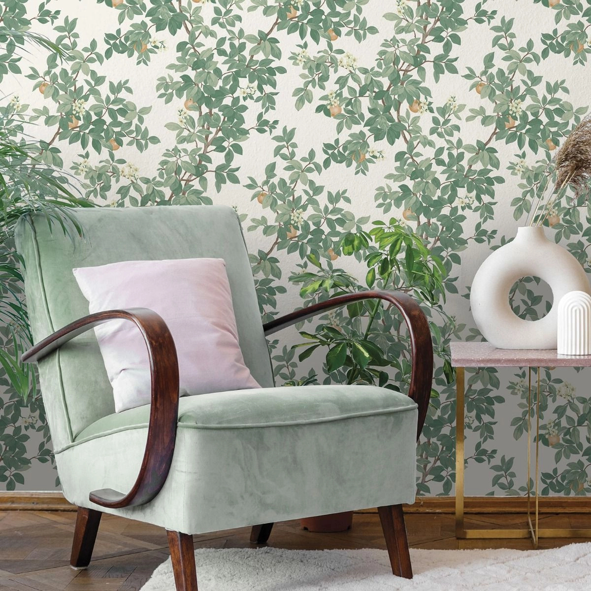 Dekor tapéta zöld narancsfa mintás krém színben