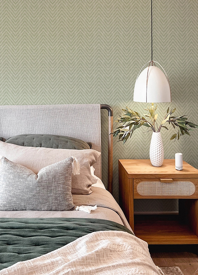 Dekor tapéta zöld szőtteshatású halszálka mintával