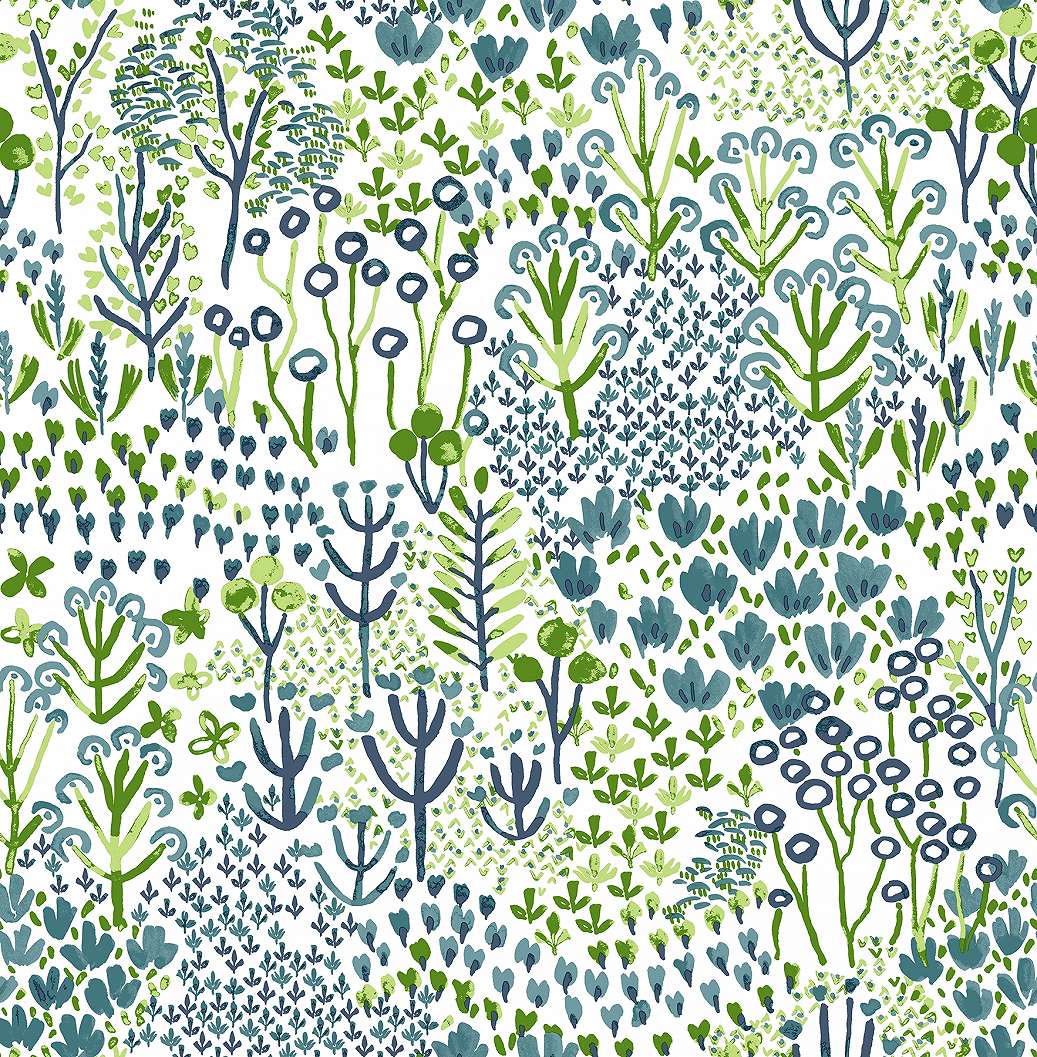 Dekor tapéta zöldes összhatású rajzolt virágmezőt idéző mintával