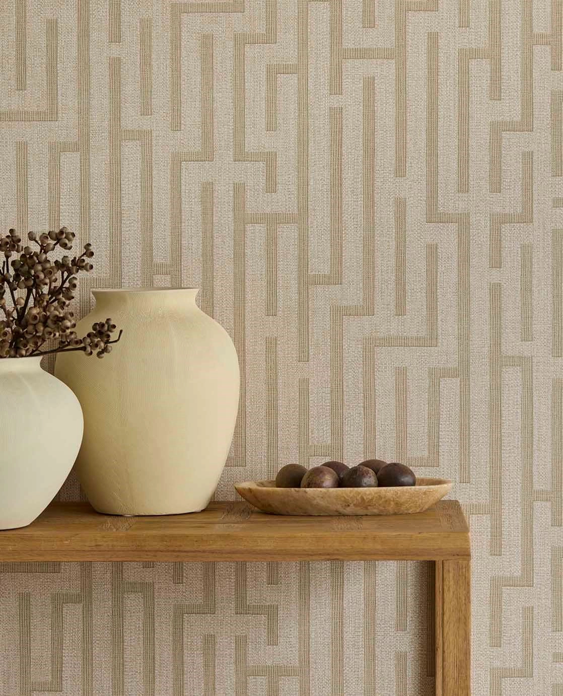 Dekor vinyl tapéta törtfehér és krém színű geometriai minta szőtt hatással