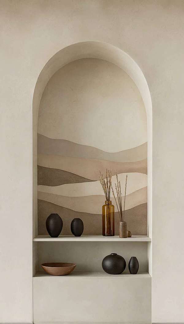 Design fotótapéta boltíves polc vázákkal mintával