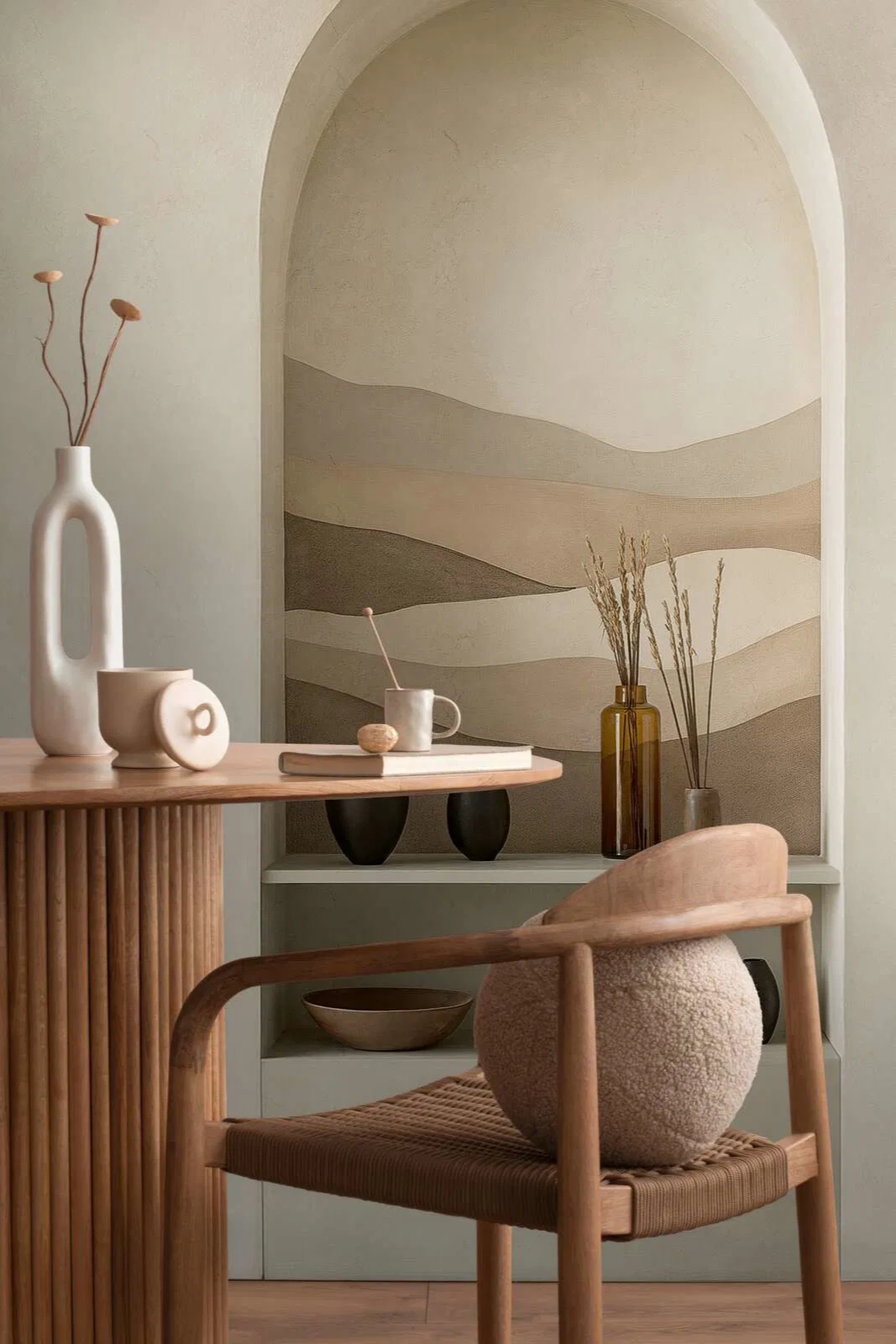 Design fotótapéta boltíves polc vázákkal mintával