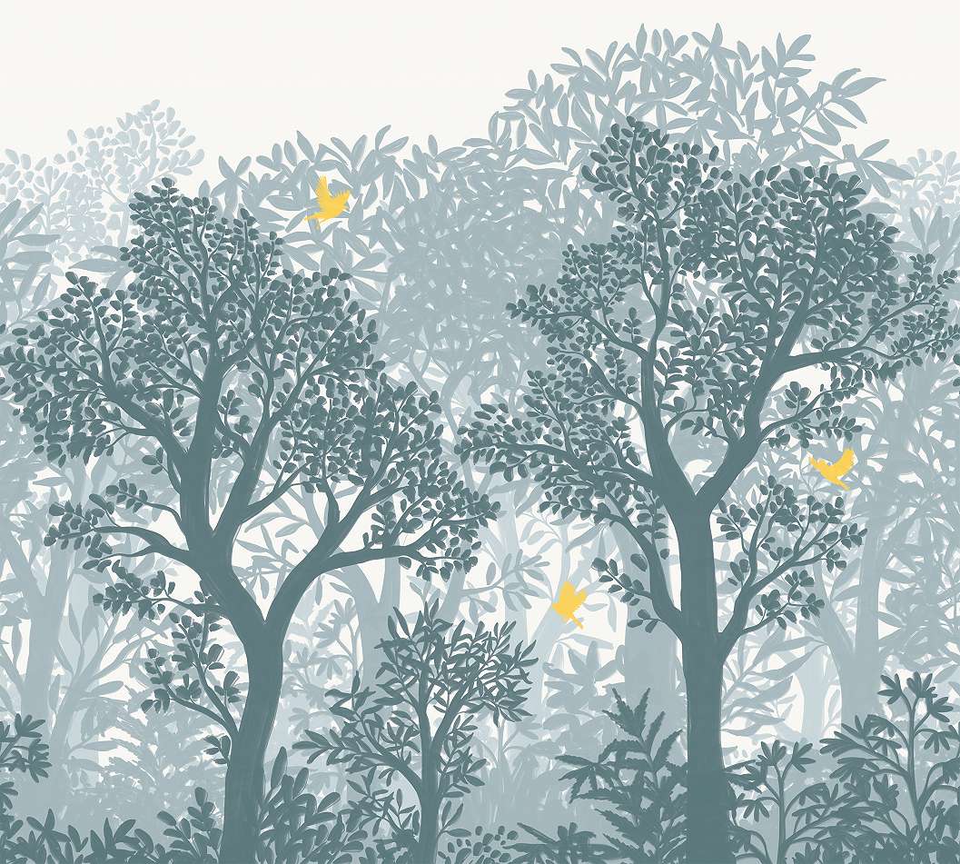 Design fotótapéta erdő mintával indigó kék színben