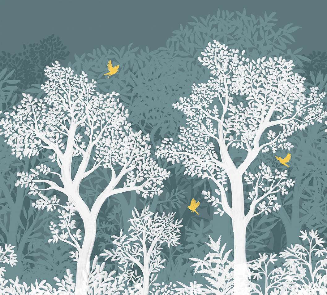 Design fotótapéta erdő mintával kék-fehér színben 300cm x 270cm