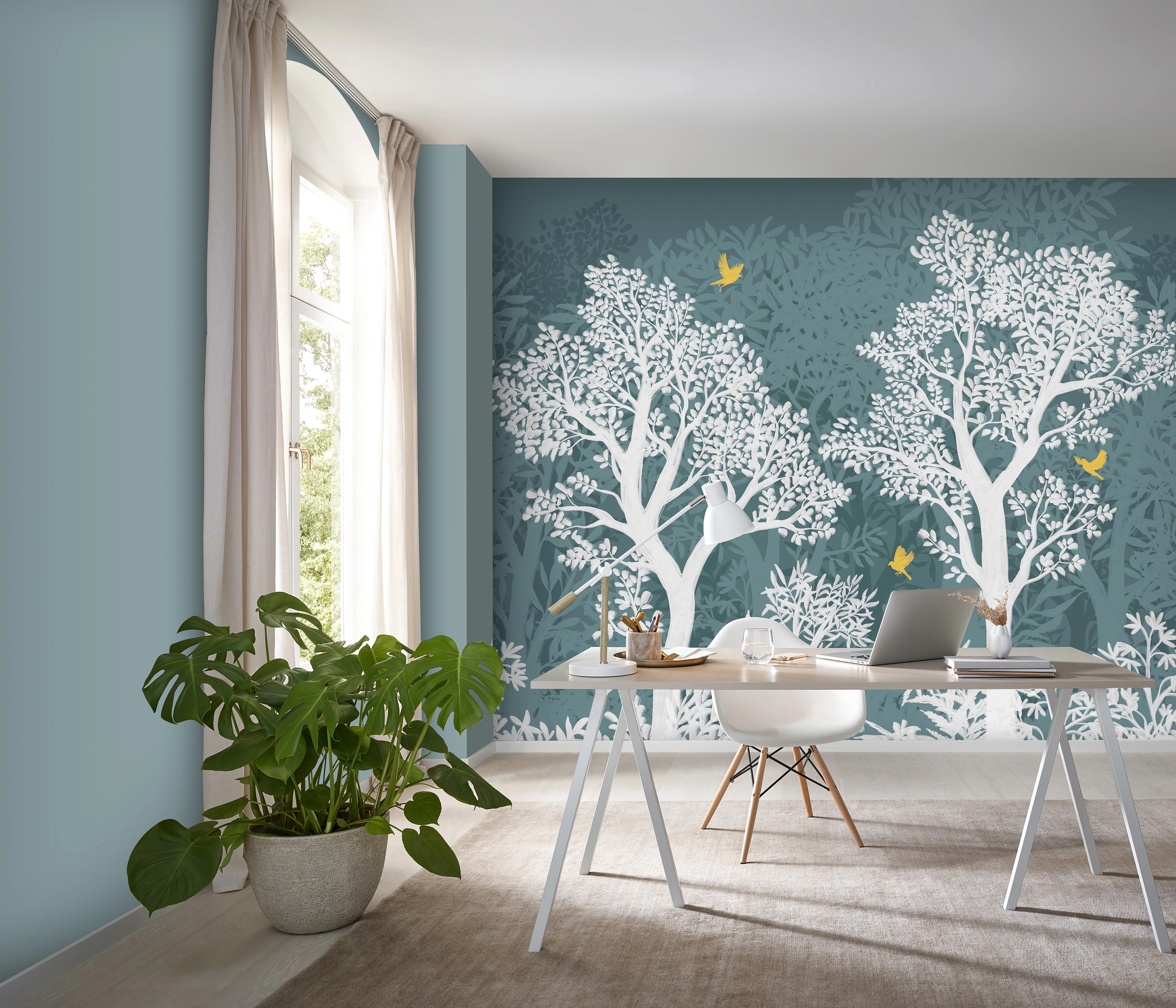 Design fotótapéta erdő mintával kék-fehér színben 300cm x 270cm