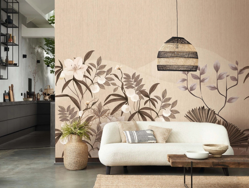 Design fotótapéta fák és virágok mintával barna színben 300cm x 250cm