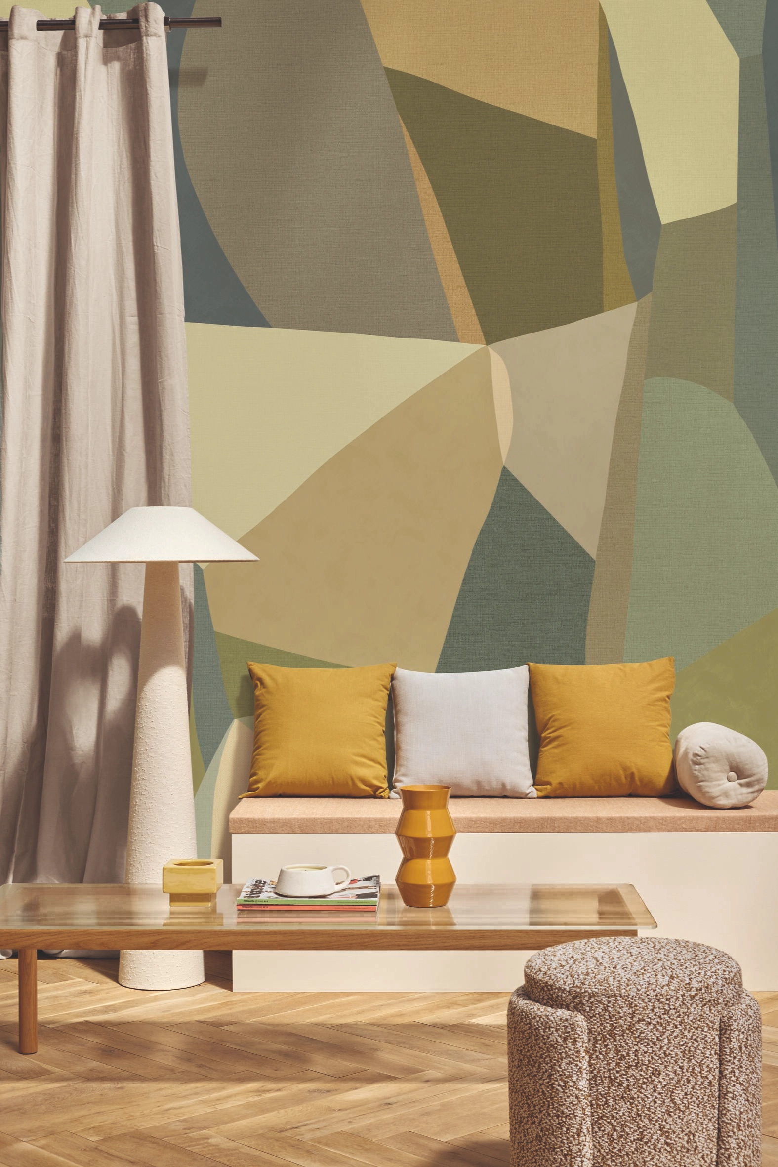 Design fotótapéta geometrikus mintával vidám és hideg színekben 200cm x 280cm