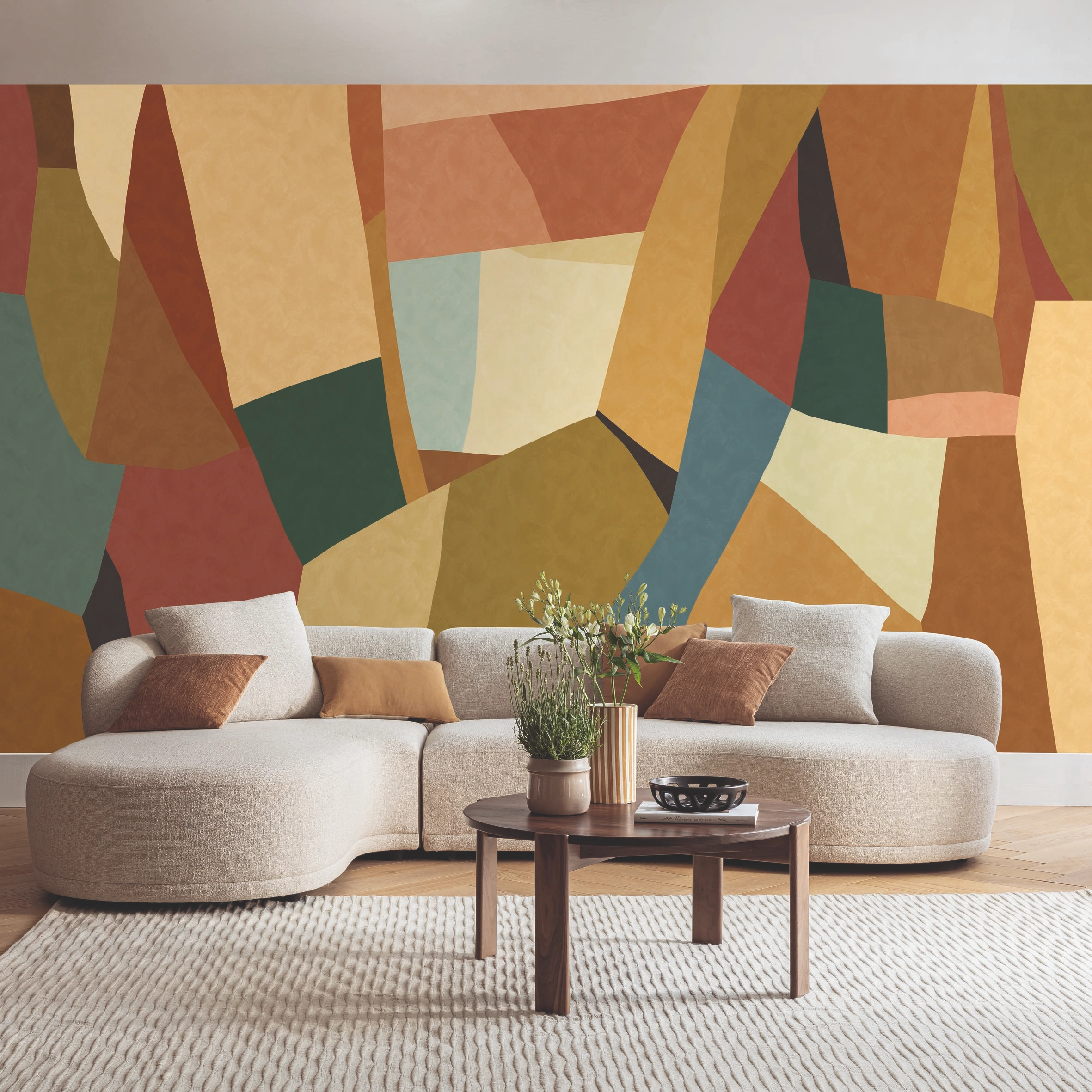 Design fotótapéta geometrikus mintával vidám és meleg színekben 250cm x 280cm