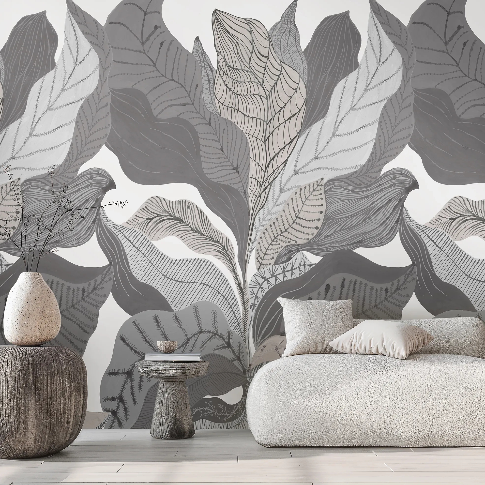 Design fotótapéta óriási levél mintával szürke színben