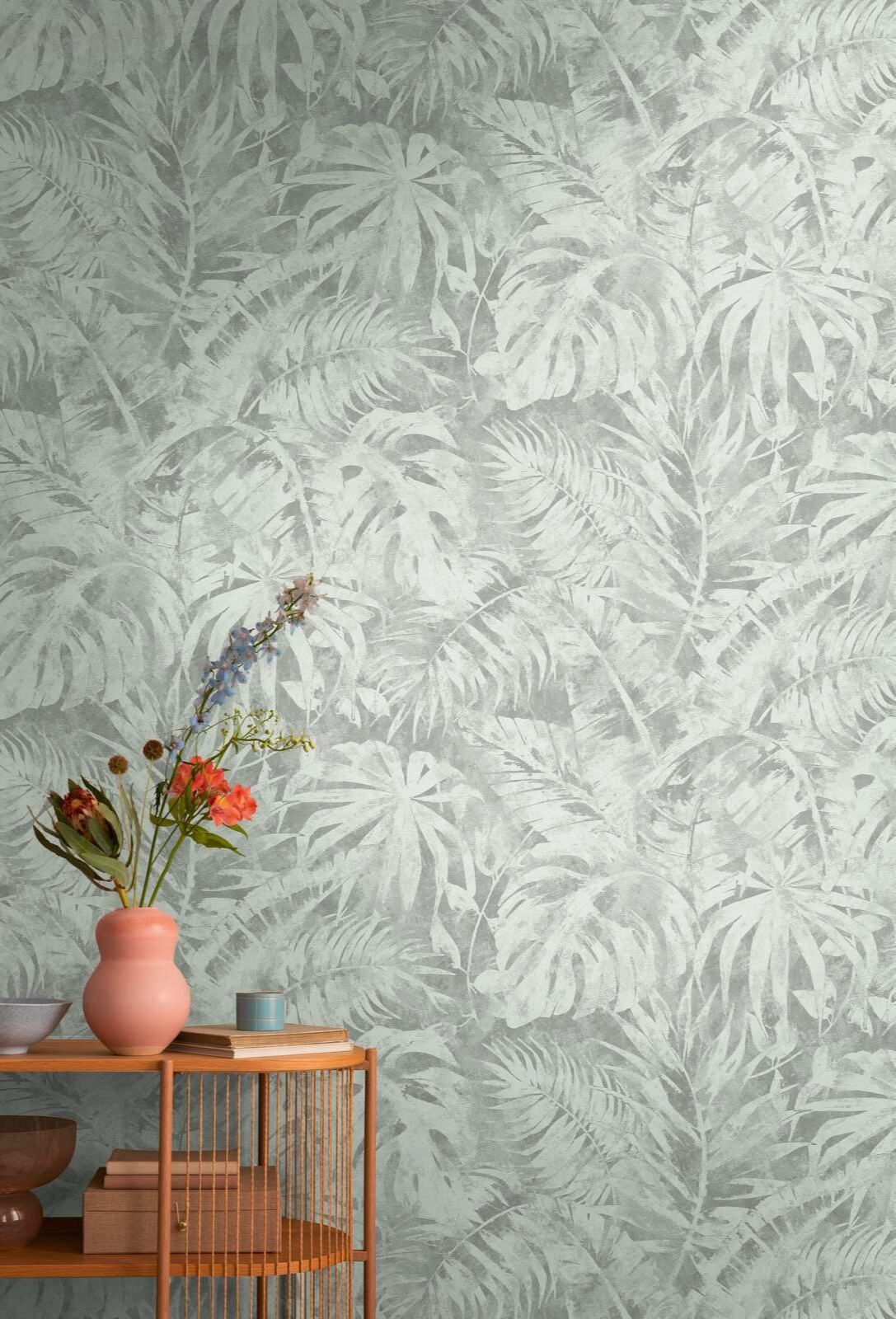 Design fotótapéta trópusi levél mintával világos kék színben