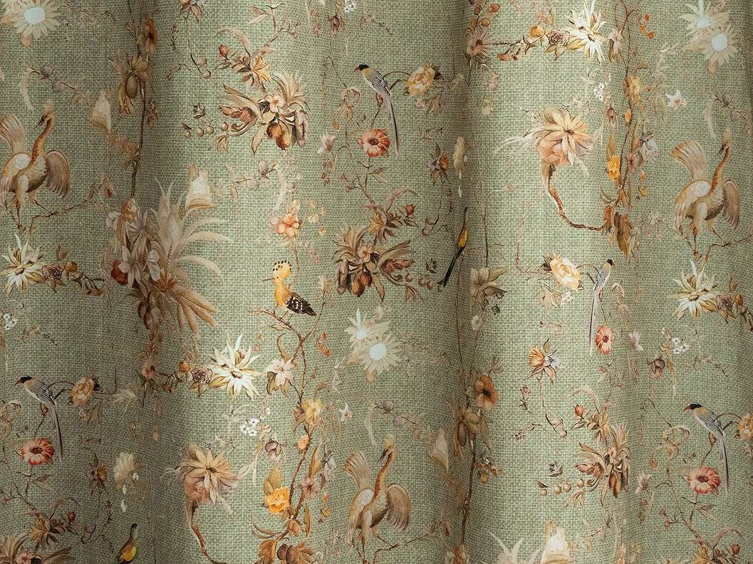 Design függöny textil anyag virág és madár mintával zöld színben