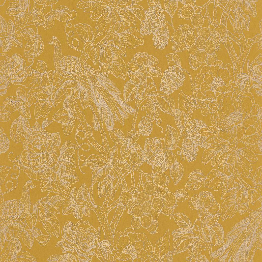 Design sárga virág és páva mintás romantikus tapéta