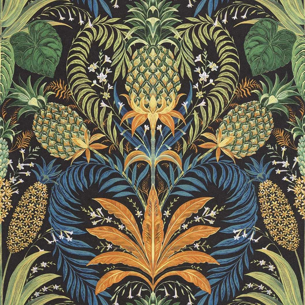 Design tapéta ananász és pálmalevelek mintával zöld és fekete színben