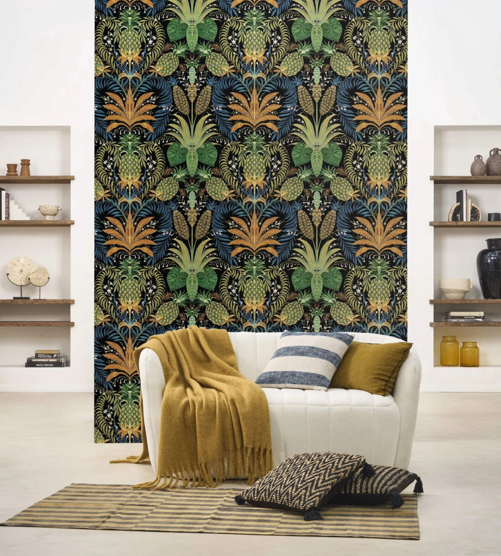 Design tapéta ananász és pálmalevelek mintával zöld és fekete színben