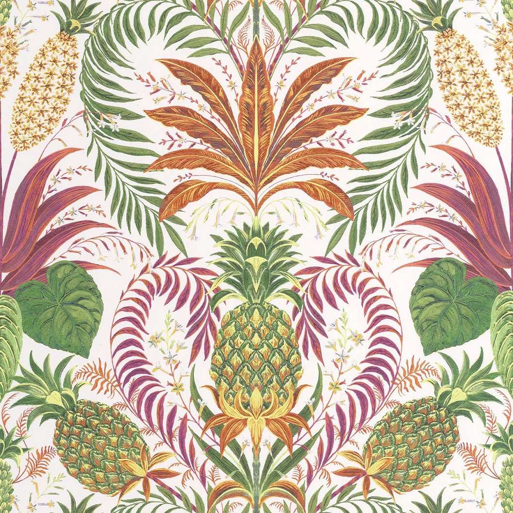 Design tapéta ananász és pálmalevelek mintával zöld és rózsaszín színben