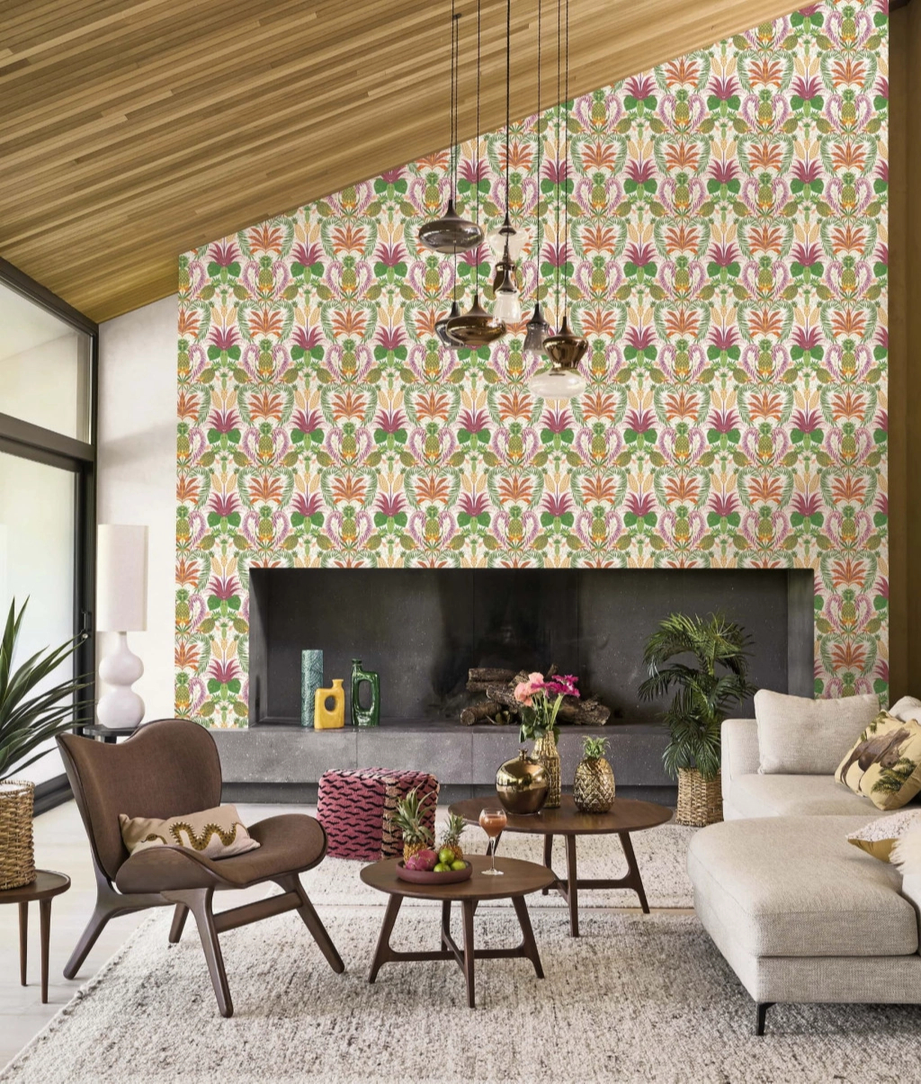 Design tapéta ananász és pálmalevelek mintával zöld és rózsaszín színben