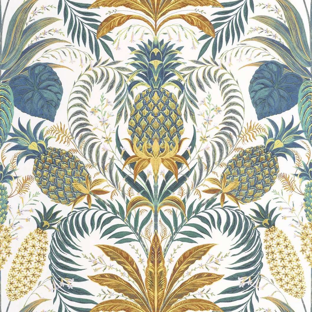 Design tapéta ananász és pálmalevelek mintával zöld és sárga színben