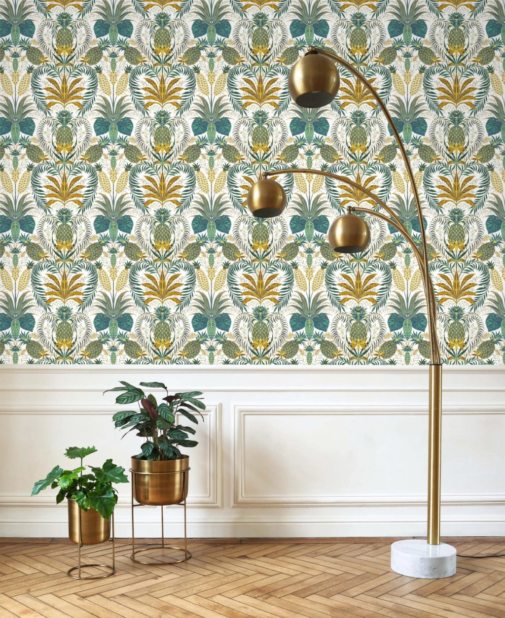 Design tapéta ananász és pálmalevelek mintával zöld és sárga színben