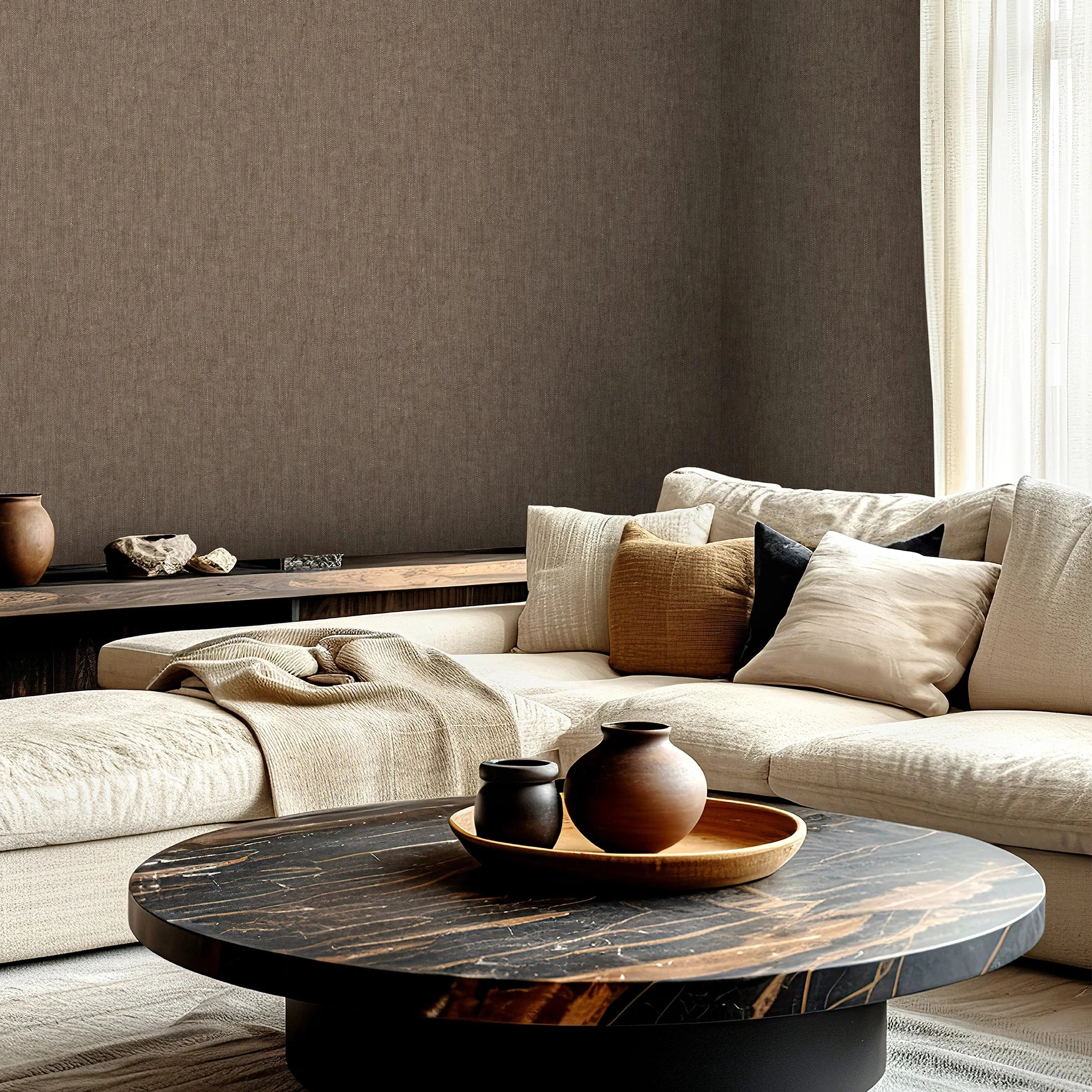 Design tapéta aranyszórt textilhatású mintával kakóbarna színben