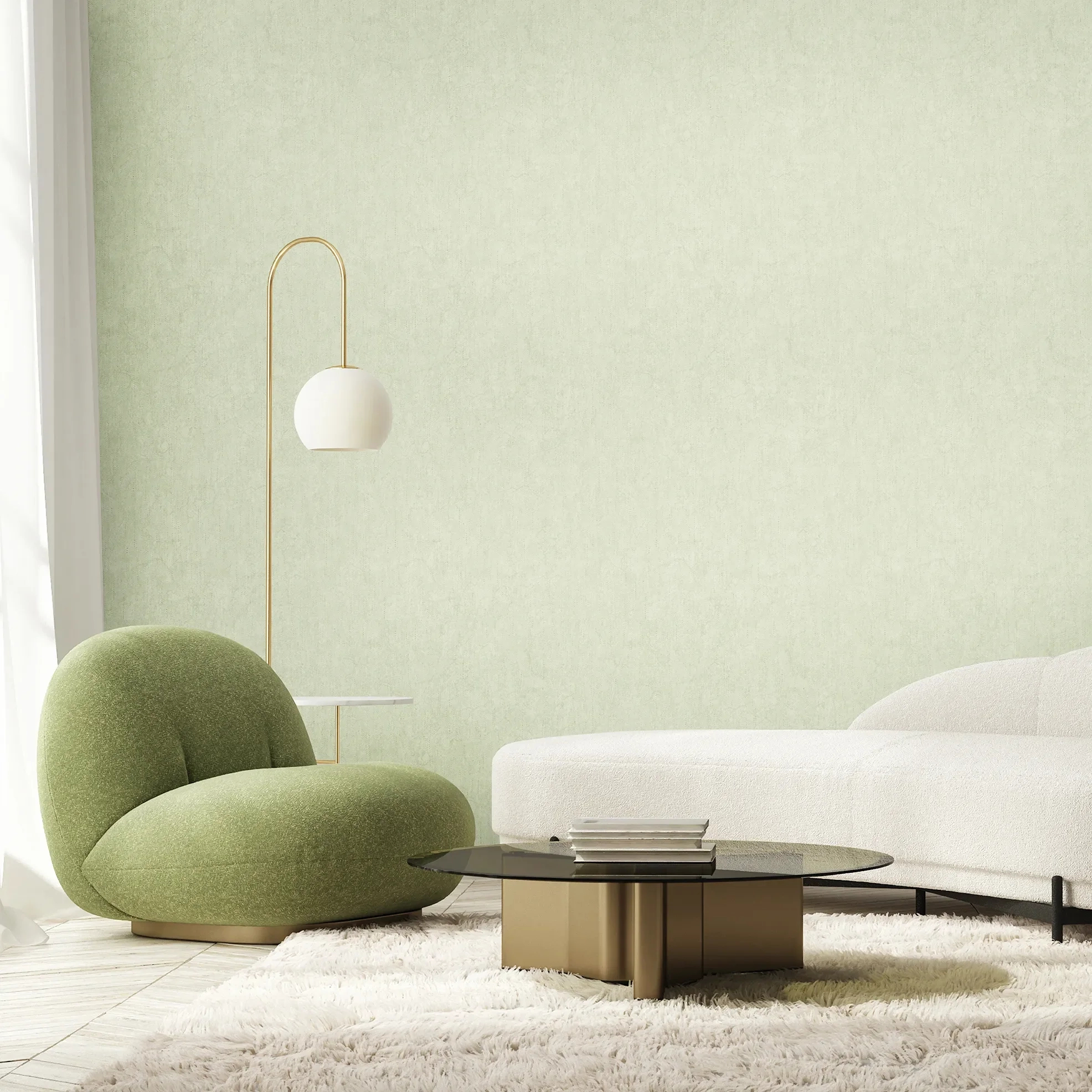 Design tapéta aranyszórt textilhatású mintával pasztell zöld színben