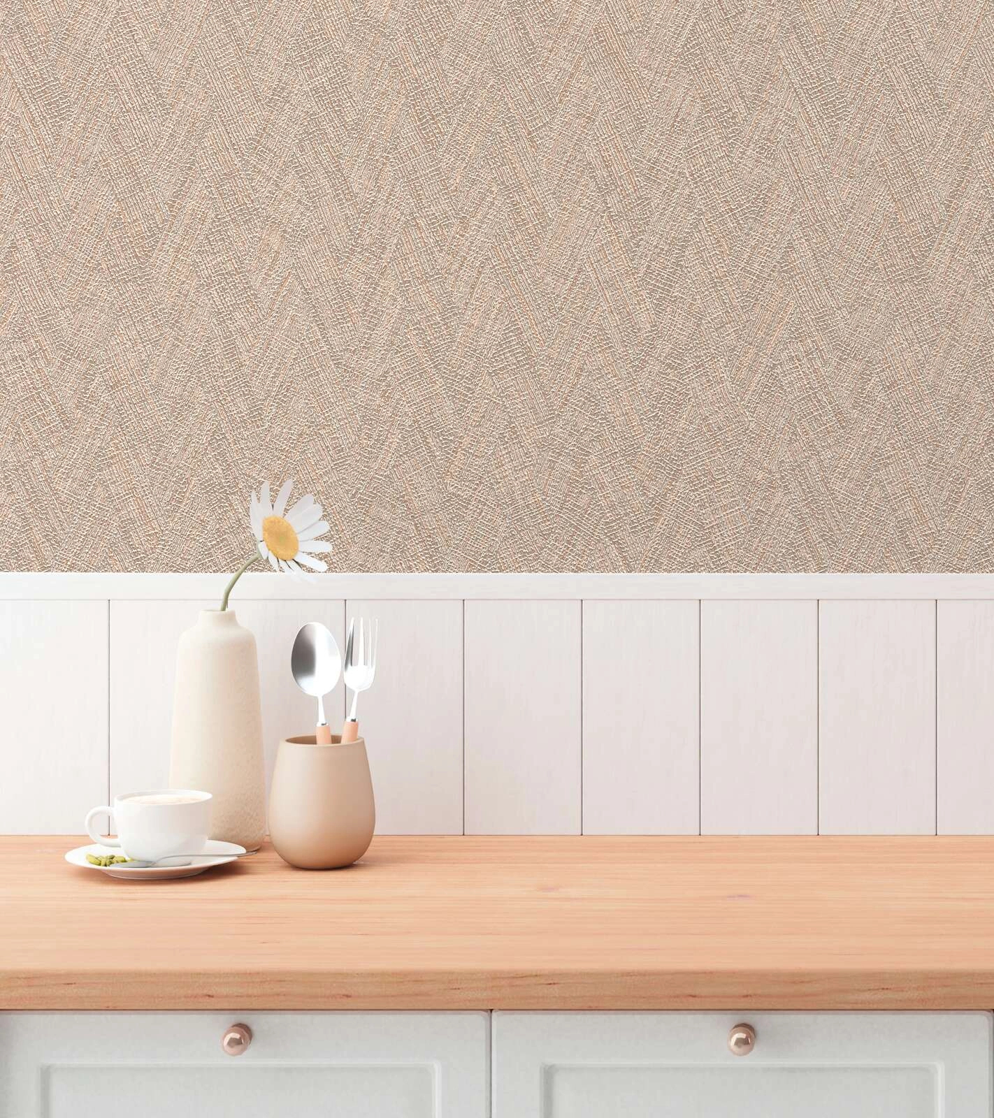 Design tapéta beige textil struktúra halszálka mintával