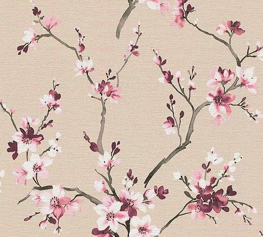 Design tapéta bézs alapon rózsaszín faág és virág mintával
