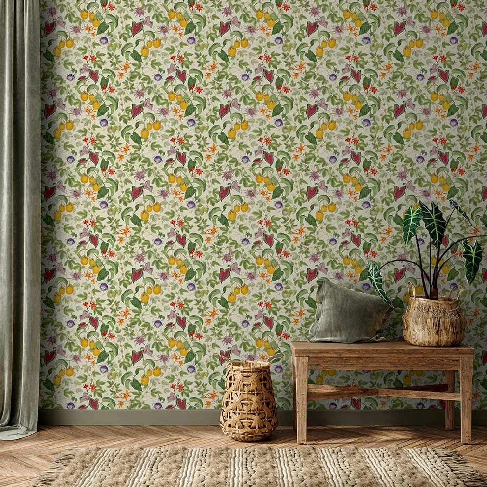 Design tapéta citrus mintával zöld és fehér színben