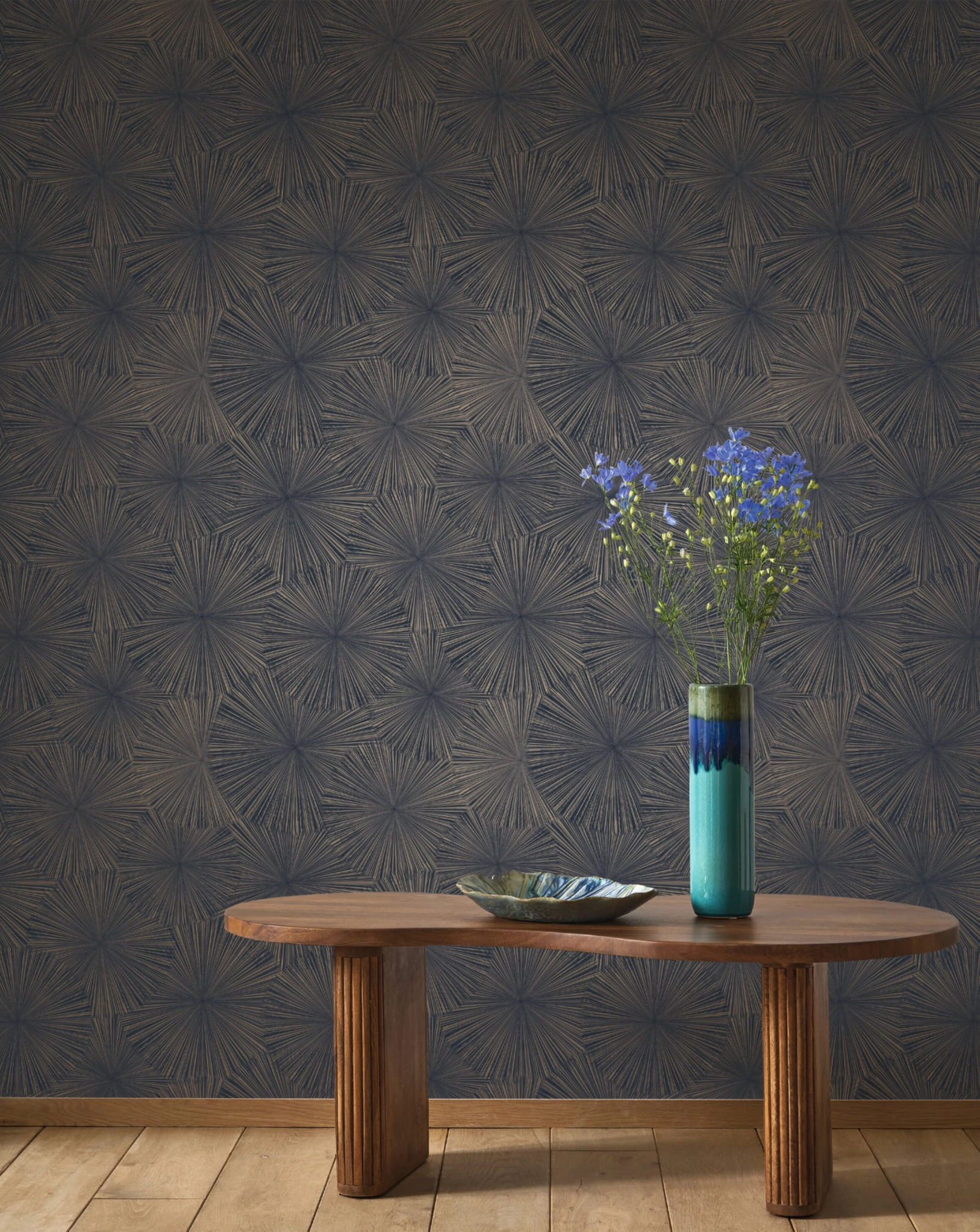 Design tapéta csillagalakú szórtfény mintával fémeshatású fekete és bronz színben