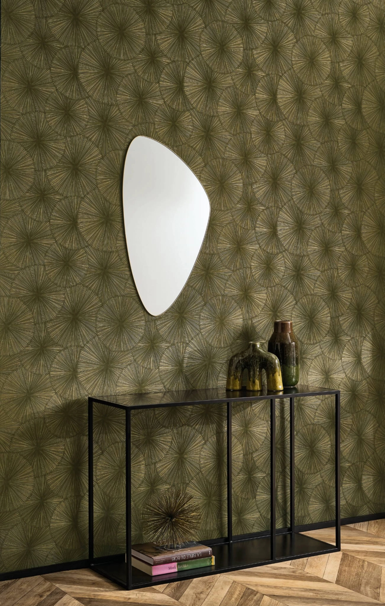 Design tapéta csillagalakú szórtfény mintával fémeshatású zöld színben