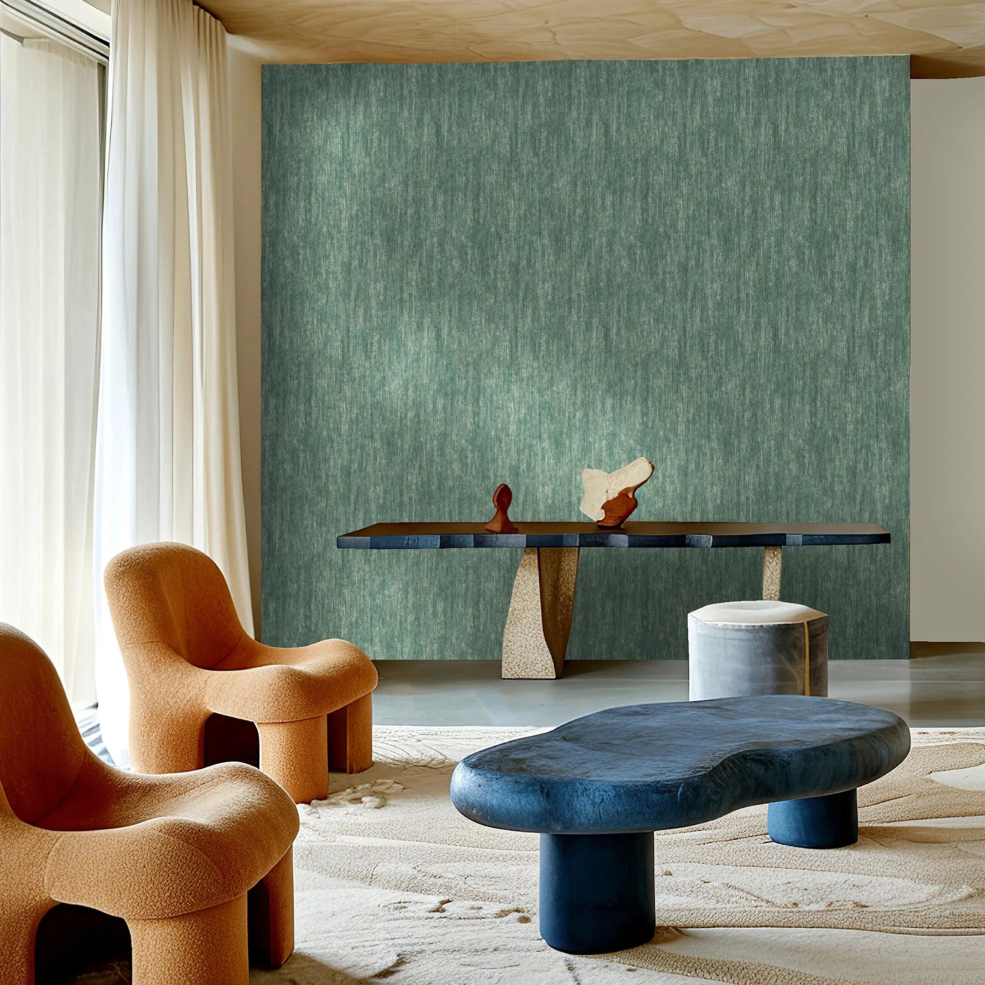 Design tapéta egyszínű koptatott mintával sötétzöld színben