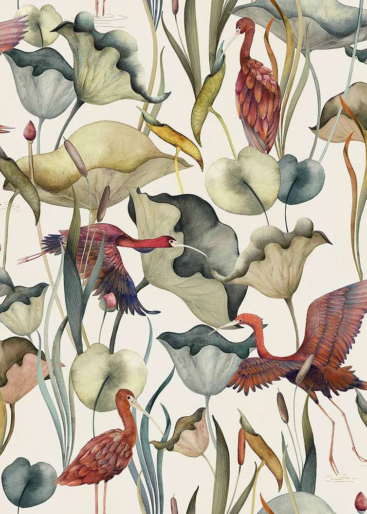 Design tapéta egzotikus madár és botanikus mintával