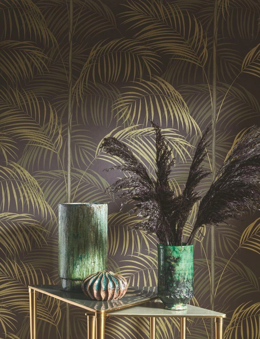 Design tapéta elegán keki zöld pálmalevél mintával