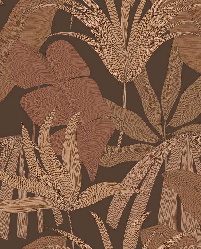 Design tapéta elegáns trópusi levél mintával barna, terrakotta színben 68,6 cm széles