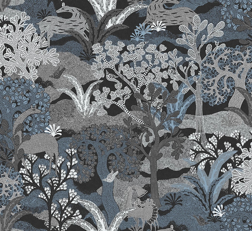 Design tapéta erdő mintával indigókék színben 70cm széles